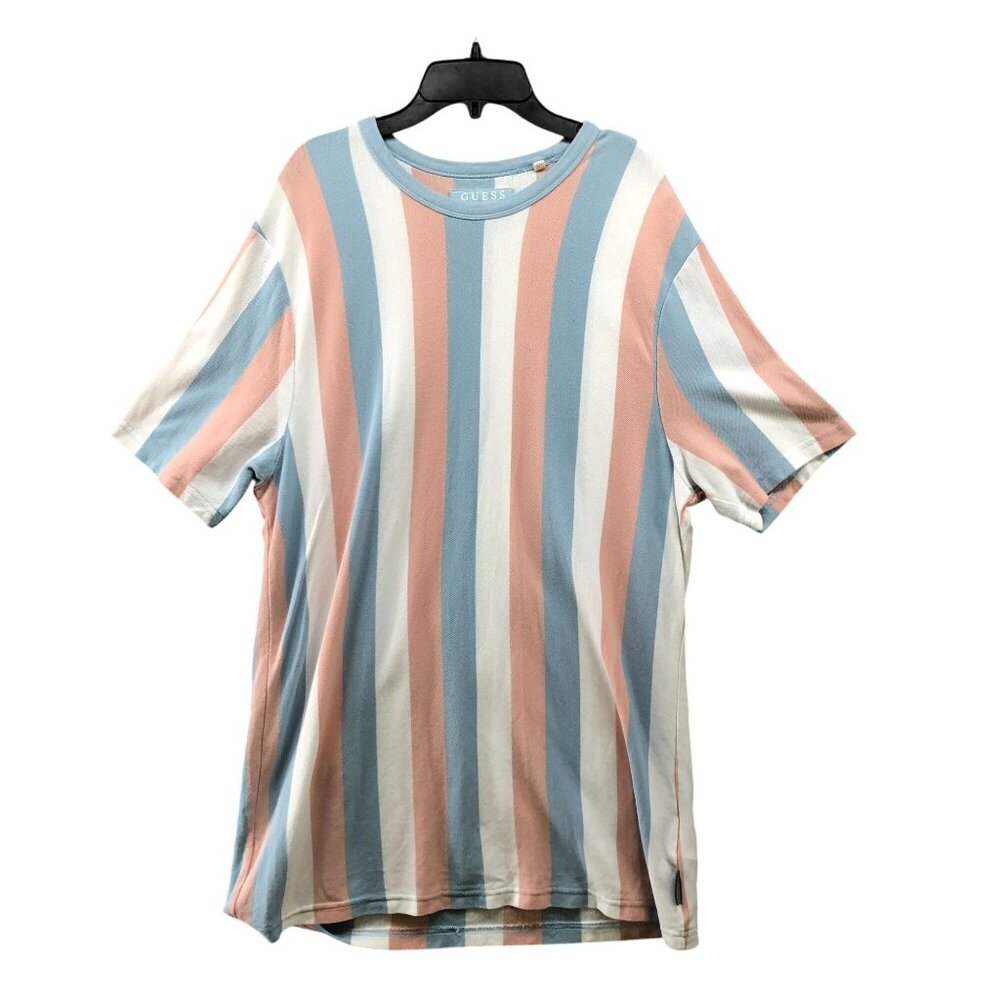 Guess Knit T Shirt Mens XL Cotton Crewneck Short Sleeve Striped Peach Blue Long